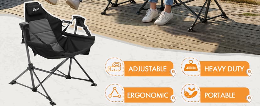 Portal Hammock Camping Chair Heavy Duty 400lbs - Swinging Chair Outdoor with Adjustable Recline & Headrest Pillow, Portable Hammock Swing Chair for Camping Beach Sports Events, Black