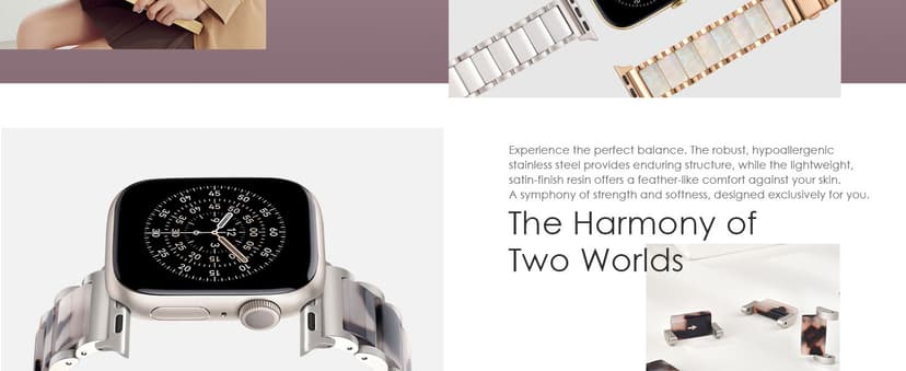 V.R.HOPE Apple Watch Band for Women 38mm 40mm 41mm 42mm Fashion Rose Gold Stainless Steel Metal Strap with Resin Inlay, Fashion Bracelet Compatible with iWatch Series 11/10/9/8/7/6/5/4/3/2/1/SE (Fluorescent White+Rose Gold)