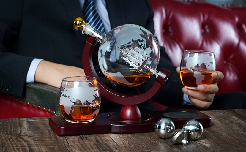 PONPUR Gifts for Men Dad Christmas, Whiskey Decanter Globe Set with 2 Ball Stones & 2 Glasses, Anniversary Birthday Gifts for Him Husband Boyfriend Brother, Cool Stuff Gift for Bourbon Scotch