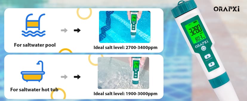 Pool Salt Tester ORAPXI pH and Salt Meter for Saltwater Pool pH and Salinity Digital Tester 5 in 1 Salt Meter for Swimming Pools Hot Tubs and Swim Spas