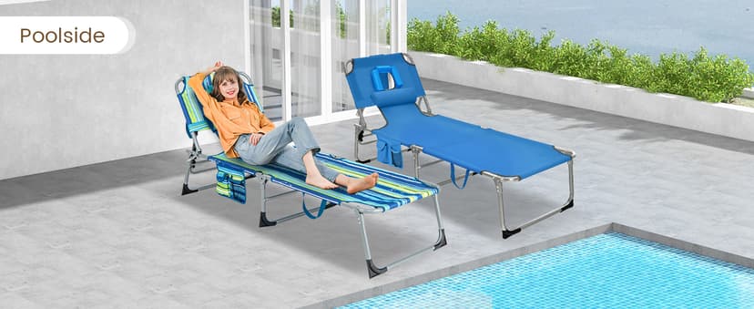 COSTWAY Tanning Chair with Face Hole, Folding Beach Lounge Chair with 4-Position Adjustable Backrest, Pillow & Side Pocket, Foldable Chaise Lounge Chair Outdoor for Sunbathing, Camping (1, Beige)