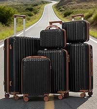 Merax Luggage Sets 3 Piece Hardshell 8 Spinner Wheels Lightweight Suitcase Corner Guards Travel Luggage (Black brown 20IN 24IN 28IN)