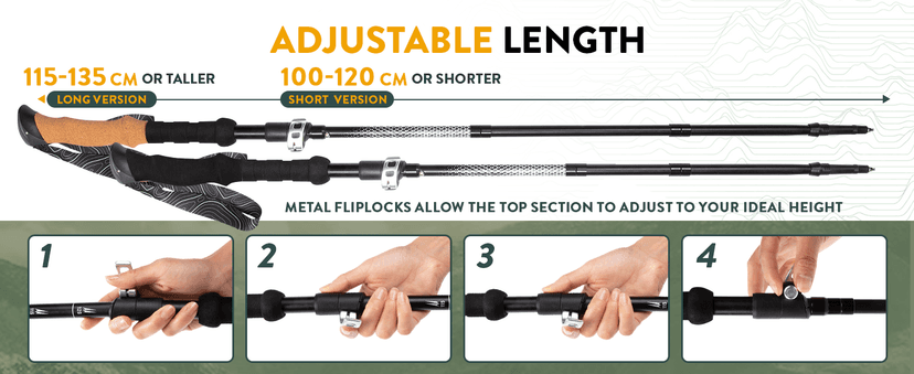 Premium Foldable Hiking Poles by USA Brand - Adjustable, Lightweight Trekking Poles Made of Aircraft Aluminum, Metal Flip Locks & Comfortable Real Cork and EVA Foam Grips
