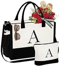 YOOLIFE Gifts for Women - Initial Tote Bag & Makeup Bag, Birthday Gifts for Women Mom Wife Teacher Friend