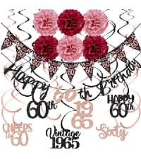 60th Birthday Decorations for Women, 33pcs Black Rose Gold Happy 60th Birthday Banner Crown and Sash Balloons Backdrop Hanging Swirls Paper Fans, 60 Years Old Party Supplies Kit
