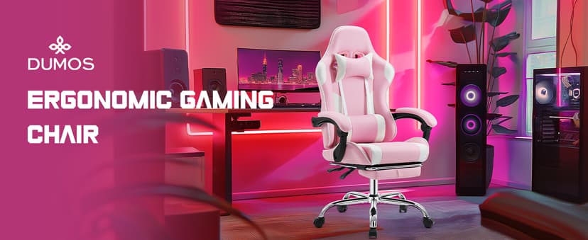 DUMOS Ergonomic Gaming Office Desk Chair with Footrest and Headrest for Adults, PU Leather Video Computer Chair with Linkage Armrests, Height Adjustable 360° Swivel Recling Chair, White Pink