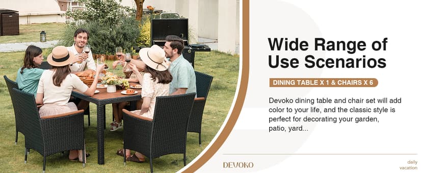 Devoko Dining 7 PCS Furniture, Patio Conversation Set with Acacia Wood Table Top, Outdoor, Beige Cushion and Black Rattan