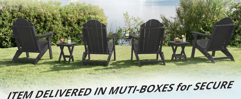 LUE BONA Folding Adirondack Chair, Chairs Set of 4, Cup Holder, Woodgrain, Fire Pit, Patio, Pool, Black