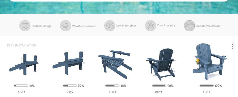 SERWALL Folding Adirondack Chair, HDPE Adirondack Chairs Set of 2, Plastic Outdoor Chairs- Looks Exactly Like Real Wood- Navy