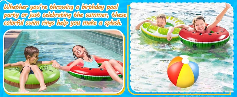 90shine 7PCS Fruit Pool Floats: Watermelon Kiwi Orange Lemon Swimming Rings with 13.5" Beach Balls - Inflatable Tubes Floaties Toys for Kids Adults