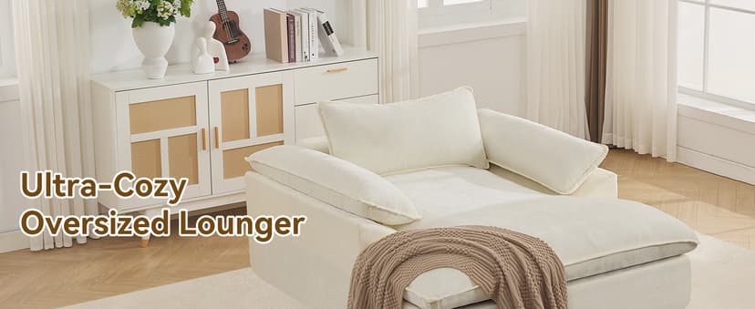 WUTUTUEE 69" Oversized Chaise Lounge Chair Indoor, No Assembly Beige Lounge Couch, Chenille Upholstered Sofa Bed with Pockets, Oversized Reading Chair with Ottoman for Living Room, Bedroom, Office