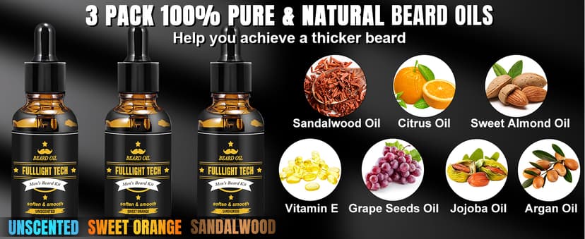 Beard Kit for Men Grooming & Care W/3 Pack Beard Oil, Wash, Balm, Comb, Brush, Scissors,Anniversary Valentines Birthday Fathers Gifts Idea for Husband Him Boyfriend Dad Men Christmas Stocking Stuffers