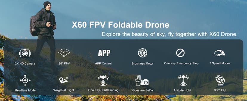 Drone with Camera, 2K HD FPV Drones for Adults, Mini Drone with Gravity Control, One Key Take Off/Land, Waypoint Fly, Gestures Selfie, 3 Speed Modes, RC Drone for Beginners with 2 Batteries