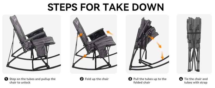 Huskfirm Oversized Rocking Camping Chair Folding Rocking Chair with High Back Padded Outdoor Rocking Chair Heavy Duty Portable Rocker Chair for Camping, Lawn and Patio, Supports Up to 400 lbs, Grey