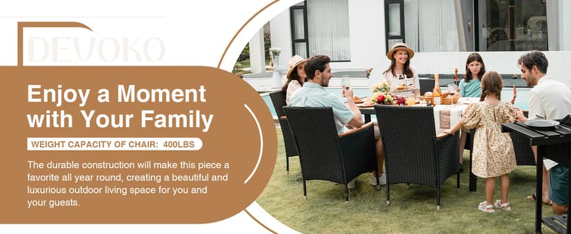 Devoko Dining 7 PCS Furniture, Patio Conversation Set with Acacia Wood Table Top, Outdoor, Beige Cushion and Black Rattan
