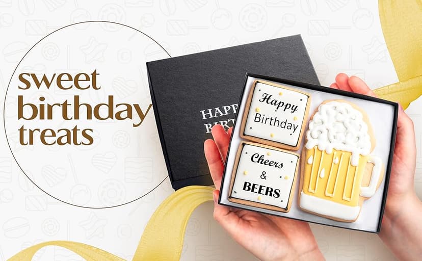 Happy Birthday Gift Basket Custom Sugar Cookies - Happy Birthday Cookies in Gift Box, delivery by Prime - Hand Decorated Kosher Treats for Men, Him, Husband - Bakery & Dessert Gifts as a Birthday Cake