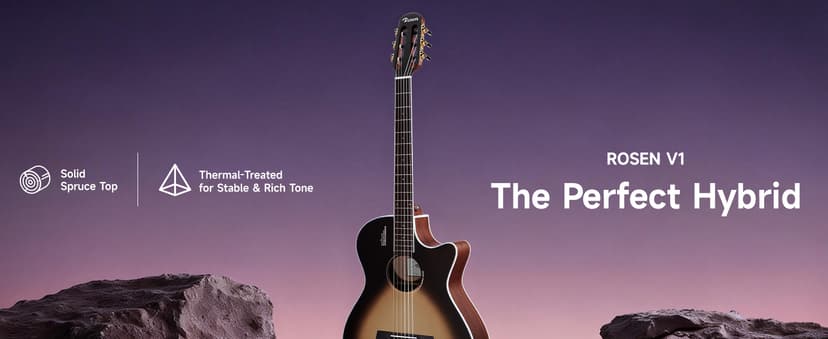 Rosen V1 Hybrid Acoustic Guitar for Beginners Adults Patented Body with Solid Spruce Top & Soft Touch Strings Thin Neck & Open Pore Matte 40 Inch,Black