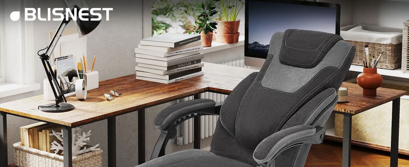 Massage Office Chair with Foot Rest,6-Point Vibration & Heat Executive Office Chairs,Ergonomic Computer Chair for Heavy People,Big and Tall Fabric Office Chair,Recliner with Padded Armrest,BlackGrey