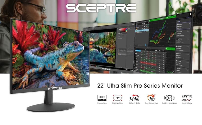 Sceptre New 22-Inch Gaming Monitor, FHD 1080p, Up to 144Hz, HDMI, DisplayPort, Built-in Speakers, Machine Black (E225W-FW144 Series, 2026)