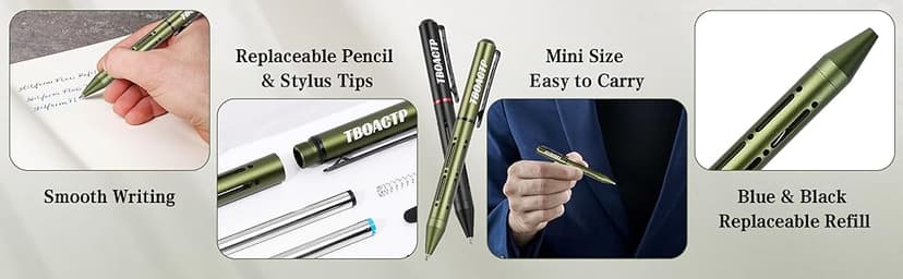 4.7″ Mini 3 EDC Ballpoint Pen, Pencil and Stylus in One, with 2 Refill, 6 Pencil Tip and 2 Stylus Tip, Ultra Long Lasting Bolt Action Pen for Office, Learning, Working Green