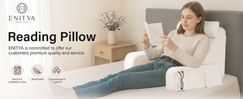 ENITYA 19" Back Pillow for Bed Sitting up, Big Pockets and Washable Removable Cover, Reading Chair for Watching TV/Reading/Gaming/Resting in Bed, Couch or Floor, Medium(Ivory)