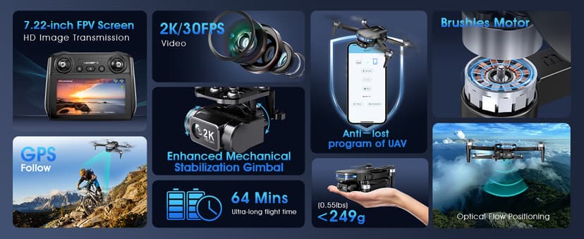 GPS Drone with EIS 2K Camera for Adults, 7.22 inch Screen on Remote Controller, 64 Mins Flight, Long Range Transmission, 3 Speed Adjustable, Follow Me, AI Track, AI Night Shot, Auto Return, Lightweight and Foldable RC Drones for Beginner Toy Gifts, Under 249g