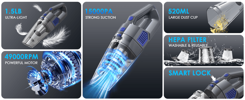 Handheld Vacuum Cordless, 15000PA Strong Suction Hand Held Car Vacuum Cleaner Rechargeable, Portable Hand Vacuum with Multi-Nozzles & Washable Filter for Home Office, Car, Pets