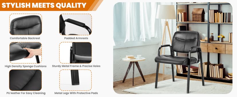 Sweetcrispy Office Reception Guest Chair No Wheels Set of 2, Leather Stationary Waiting Room Chairs with Padded Arms for Elderly Desk Conference Room Lobby Table Side Salon, Inky