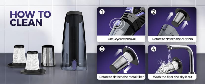 Pet Hair Handheld Vacuum Cordless: 20000PA High Power Car Vacuum with Motorized Brush and LED Light, Rechargeable Hand Held Vacuum Cleaner with Reusable Filter for Car, Home, Office & Pet, Purple