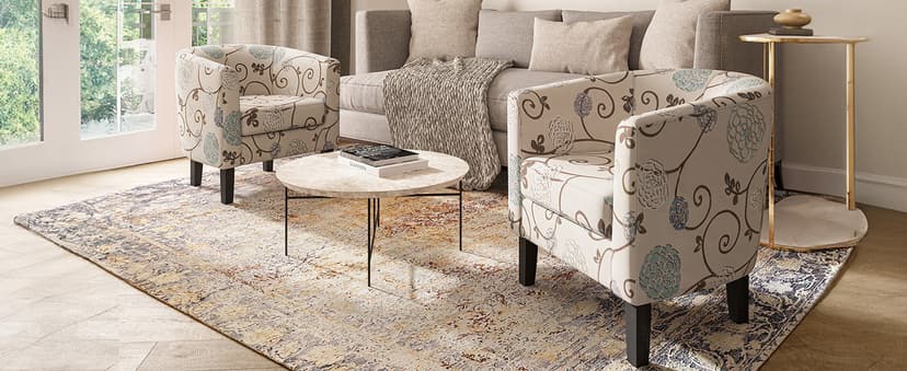 BELLEZE Living Room Chair, Linen Round Accent Barrel Chair, Club Tub Sofa Chair for Bedroom, Corner Chair with Flared Legs and Cozy Soft Padding - Highland (Floral Print)