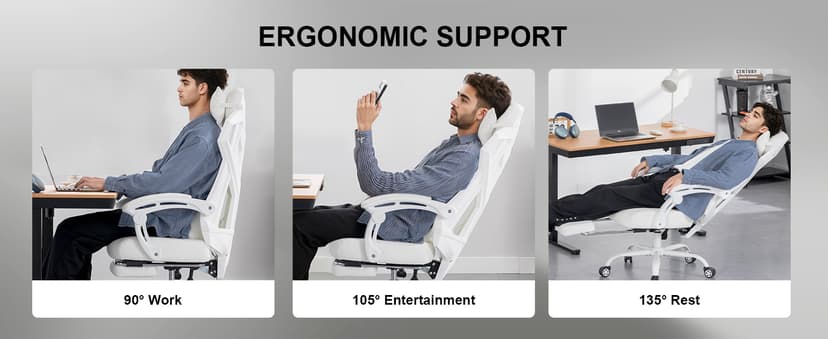 GTPLAYER Gaming Chair, Computer Chair with Mesh Back, Ergonomic Game Chair with Footrest, Reclining Game Chair with Adjustable Headrest and Lumbar Support for Gaming and Office (White)