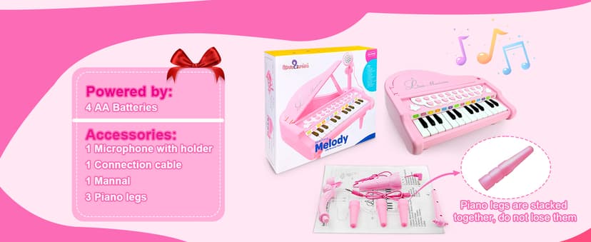 Kids Piano with 22 songs, 8 Percussion Sounds, LED lights, 4 Instrument Modes and Connect to MP3, Phone & Tablet Love&Mini Piano Toys for Girls, 24-Key with Mic, Record & Playback, Ages 3+ B08RB4H9ZN