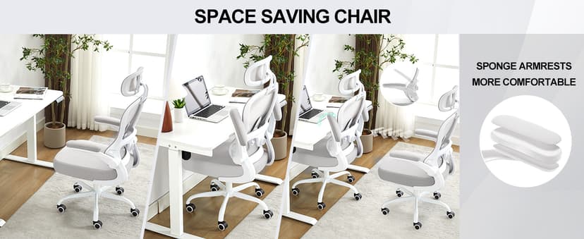 Ergonomic Office Chair,Ultra Thick Office Desk Chair with Adjustable Lumbar Support and Headrest,Spring Cushion,Rocking Function,Flip-up arms,Mesh Computer Chair for Home Office,Grey