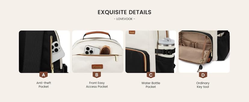 LOVEVOOK Laptop Backpack for Women with Pouch Pocket for Large Capacity Cup,15.6 Inch Laptop Computer Bag Travel Backpack Purse,Waterproof Work Business Backpack College Teacher Bags,Beige-Black-Brown