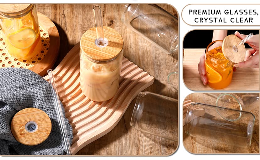 Glass Cups with Lids and Straws 6 pcs, 16 oz-DWTS Cute Tumbler,Beer Drinking Glasses,Clear for Iced Coffee, Tea with Bamboo Lids for Gifts