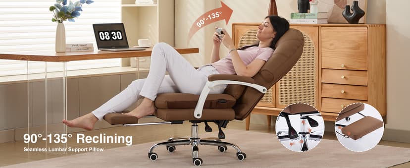 Ergonomic Office Chair for Big and Tall with Lumbar Support,Brown PU Leather High Back Executive Chair with Sedentary Vibration Reminder,Foot Rest,Reclining Function for Long Hours of Home Office