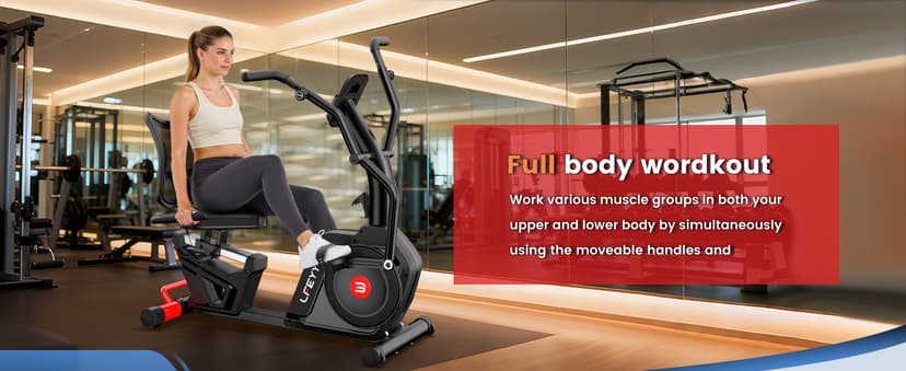 Recumbent Exercise Bike, Stationary Recumbent Exercise Bike for Home with Arm Exerciser, 16-Level Magnetic Resistance, Bluetooth App, LCD Monitor, Heart Rate, Heavy-Duty Frame