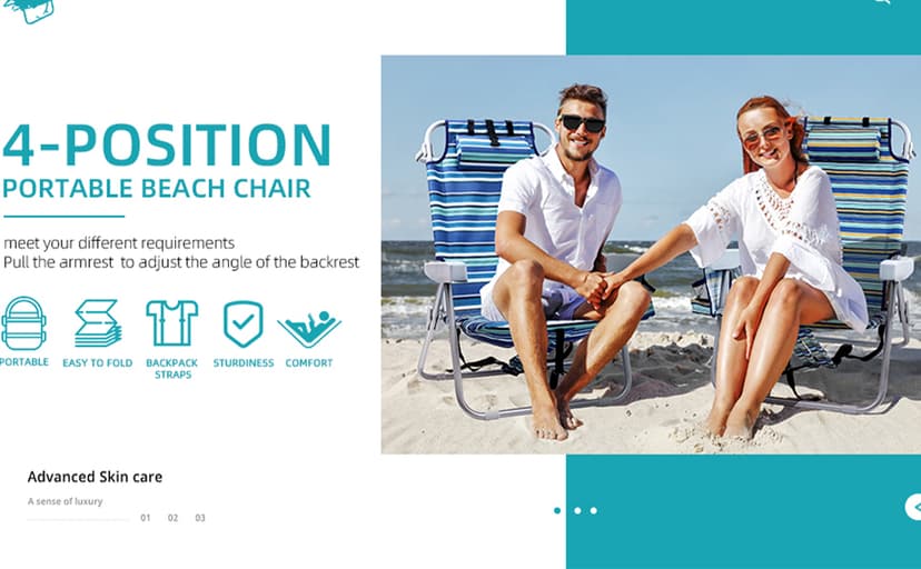 Yestomo Beach Chairs for Adults Heavy Duty, Compact Portable Lay Flat Folding Chair with Backpack Straps and Large Cooler Pouch, Support to 350LBS (Stripes_Blue&Cyan)