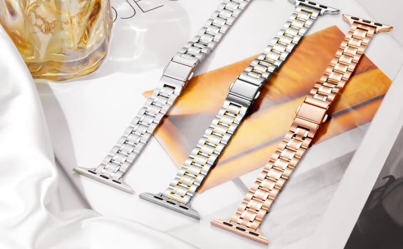 Slim Metal Band for Apple Watch Bands for Women 41mm 40mm 42mm(S10/11) 38mm iWatch Bands, Thin Dressy Fancy Strap for Apple Watch Band Series 10 11 Series 9 8 SE 7 6 5 4 3-Starlight+Rose Gold