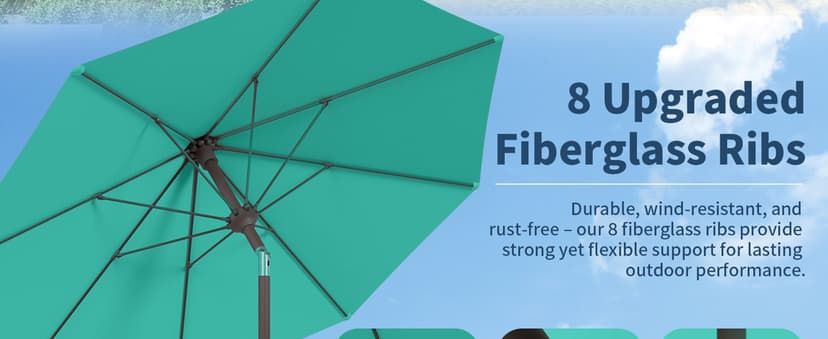 9FT Patio Umbrella with Fiberglass Ribs, Outdoor Market Table Umbrella with Crank and Tilt, UV Resistant Waterproof Canopy for Patio, Garden, Deck, Pool, Turquoise Blue