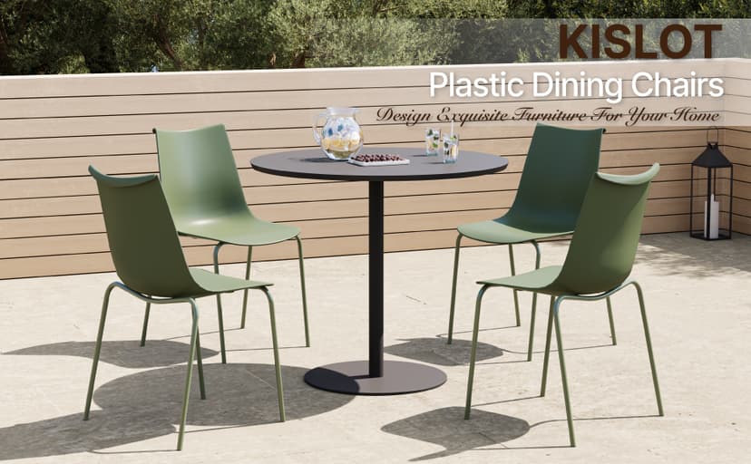 KISLOT Dining Chairs Set of 4, Plastic Outdoor Dining Room Chairs with Metal Legs, PP Anti-UV Stackable Patio Chairs with Ergonomic Back & Curved Seat for Kitchen Swimming Pool, Easy Assembly, Green