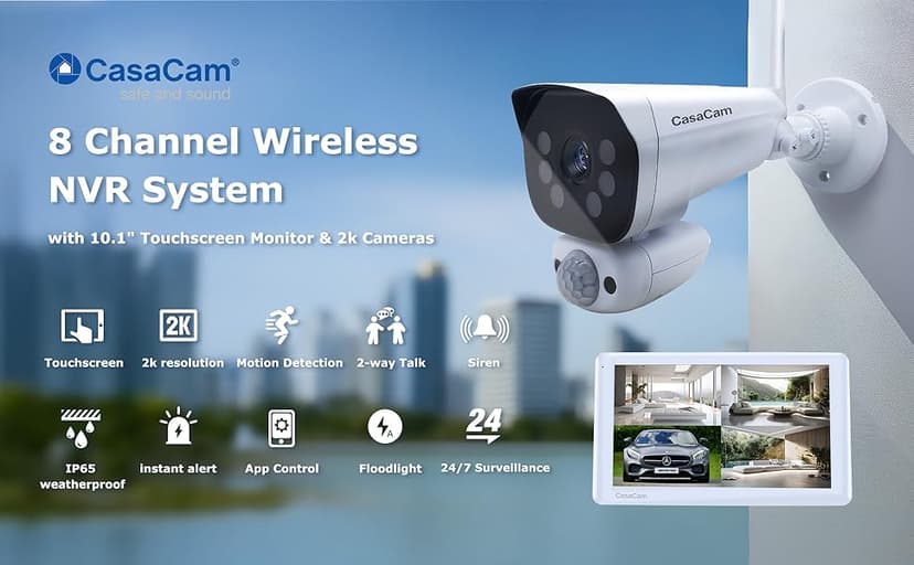 CasaCam Wireless Security Camera System | 10.1” Touchscreen Monitor, 2 2K Floodlight Cameras | Indoor/Outdoor, No Monthly Fees, AI Detection, Two-Way Talk, 64GB SD, GuardianCam Pro VS6102