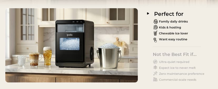 Nugget Ice Maker Countertop: 44lb/Day, Self-Cleaning, Black Stainless Steel, Portable, Soft Chewable Pebble Ice Machine for Home Kitchen, RV & Office