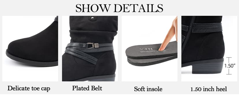 VJH confort Women's Mid Calf Boot,Round Toe Low Heel Comfort Slouchy Bootie with Side Zipper Buckle Strap