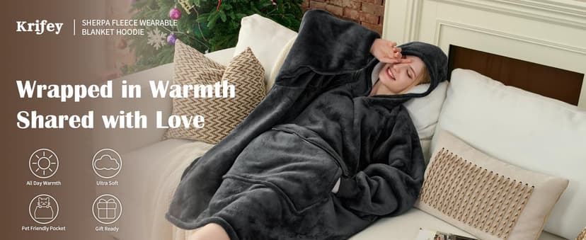 Krifey Wearable Blanket Hoodie, Oversized Sherpa Hooded as Birthday Gifts Christmas Gifts for Mom Women Girlfriend Men, Cozy Sweatshirt with Giant Pocket