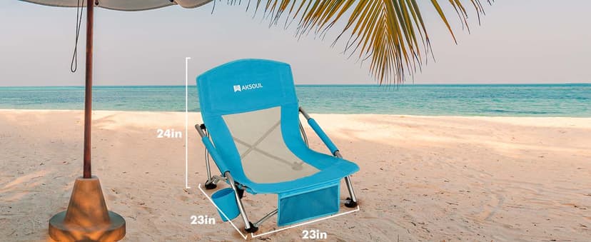 AKSOUL Folding Beach Chair for Adults: Low/High Back Chairs with Carry Bag - Extra Wide Seat Chair with Comfortable Pillow & Storage Pocket (1 Pack & 2 Pack, Blue)