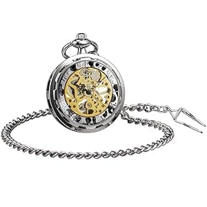 VIGOROSO Mens Classic Steampunk Pocket Watch with Chain Skeleton Hand Wind Mechanical Pocket Watches for Men & Women