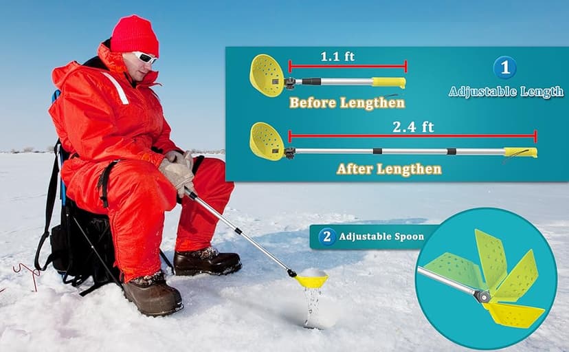 Huntury Retractable Ice Fishing Scoop Skimmer, Ice Scooper, Long Length, and Larger Spoon, No More Bending Over to Scoop Out Ice While Ice Fishing