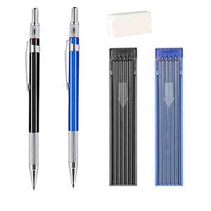 2mm Mechanical Pencil Set, 2 Pieces Artist Carpenter Drafting Pencils 2.0 mm with 2 Tube Lead Refill (HB, 2B), Art Lead Holder Metal Marker for Draft Drawing, Writing, Art Sketching