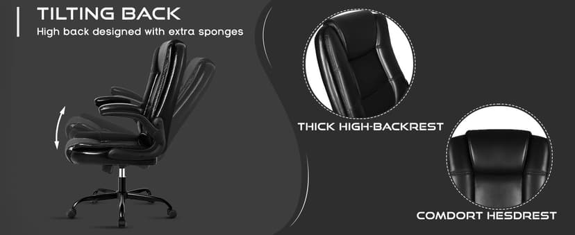 VITESSE Ergonomic Office Chair with Flip-up Armrests, Big and Tall Leather Executive Office Chair, High Back Lumbar Support Home Computer Desk Chair, Heavy and Duty Computer Chair (Black)